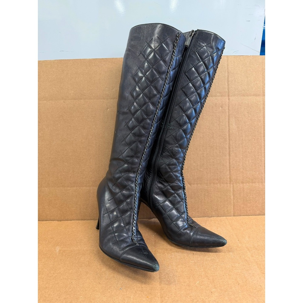 Chanel Quilted Leather Chain Pointed Toe Knee-high Boots Black Womens Size 36 EU